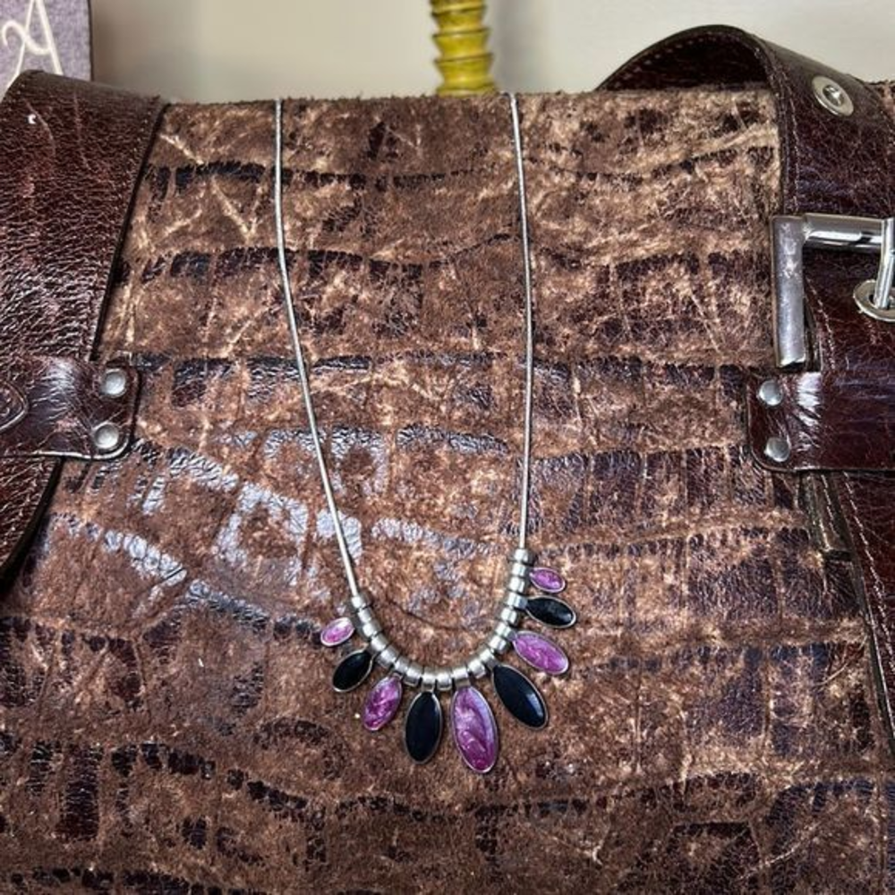 Black and Purple pendants with silver chain necklace‎